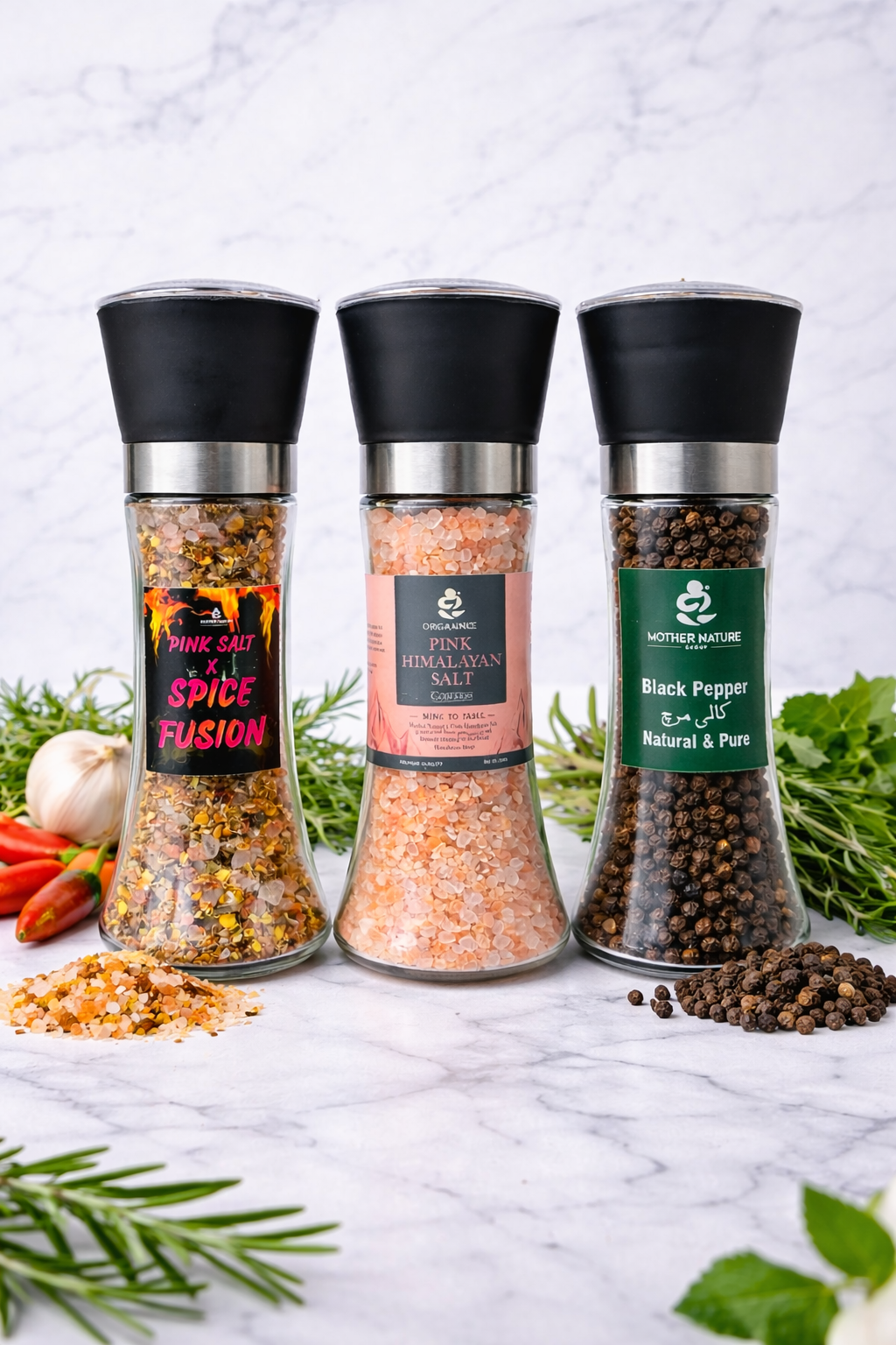 Premium Grinder Set of 3 – Spice Fusion, Himalayan Pink Salt & Black Pepper